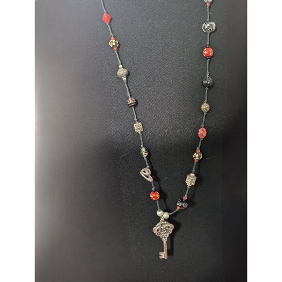 1960s Vintage Toggle Clasp Bohemian Era Glass Bead Handcrafted Necklace With Key - Picture 1 of 6